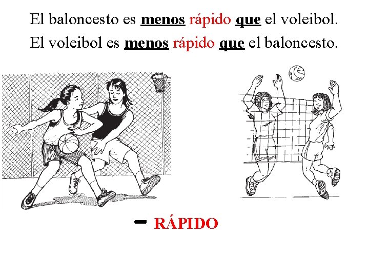 El baloncesto es menos rápido que el voleibol. El voleibol es menos rápido que