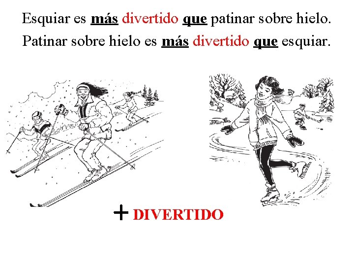 Esquiar es más divertido que patinar sobre hielo. Patinar sobre hielo es más divertido