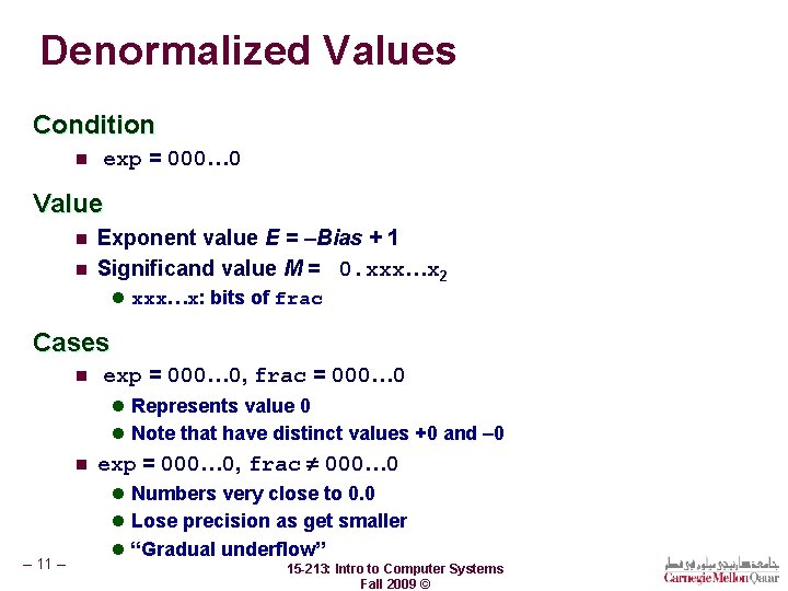 Denormalized Values Condition n exp = 000… 0 Value n n Exponent value E