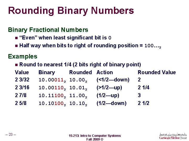 Rounding Binary Numbers Binary Fractional Numbers “Even” when least significant bit is 0 n