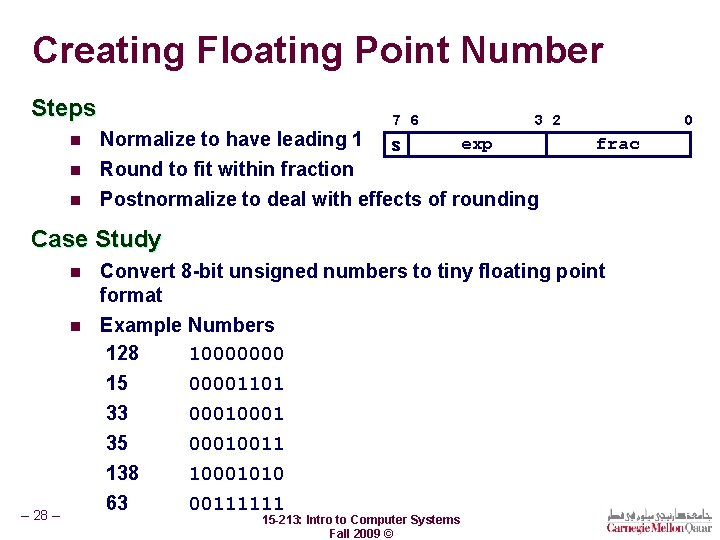 Creating Floating Point Number Steps 7 6 n Normalize to have leading 1 n