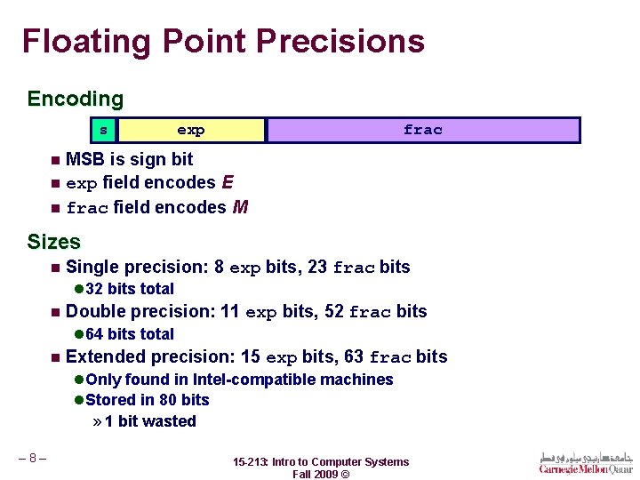 Floating Point Precisions Encoding s exp frac MSB is sign bit n exp field