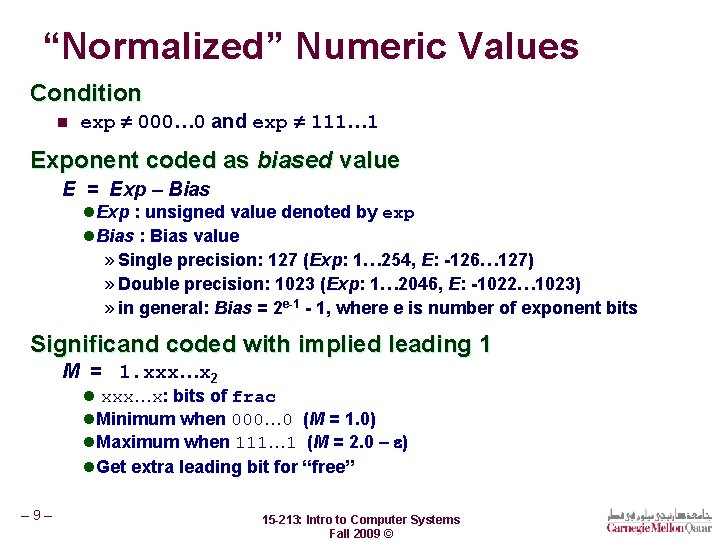 “Normalized” Numeric Values Condition n exp 000… 0 and exp 111… 1 Exponent coded