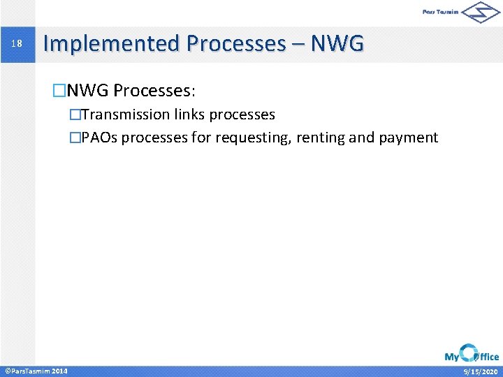 18 Implemented Processes – NWG �NWG Processes: �Transmission links processes �PAOs processes for requesting,