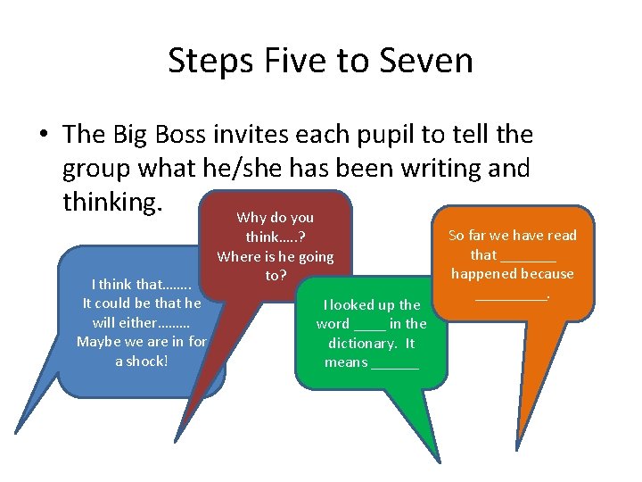 Steps Five to Seven • The Big Boss invites each pupil to tell the