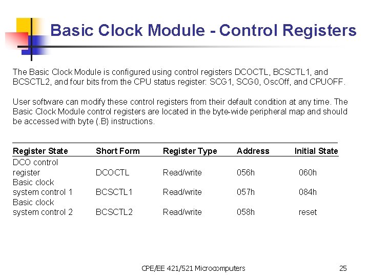 Basic Clock Module - Control Registers The Basic Clock Module is configured using control