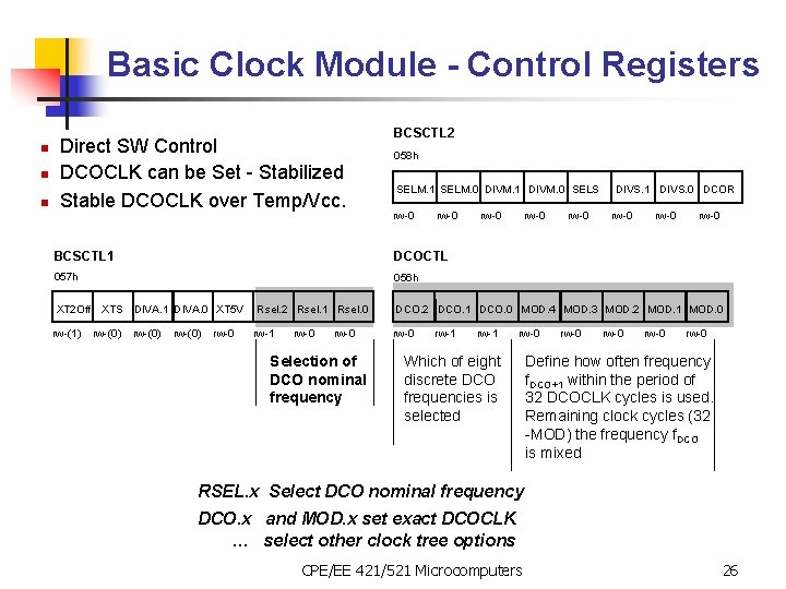 Basic Clock Module - Control Registers n n n Direct SW Control DCOCLK can