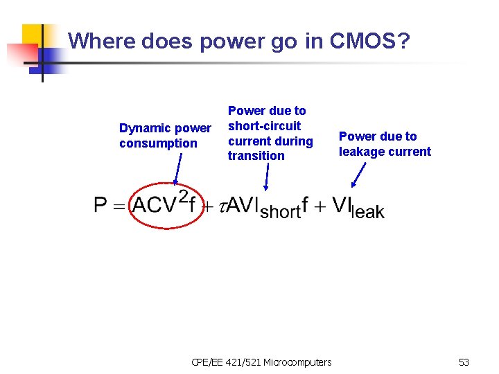 Where does power go in CMOS? Dynamic power consumption Power due to short-circuit current