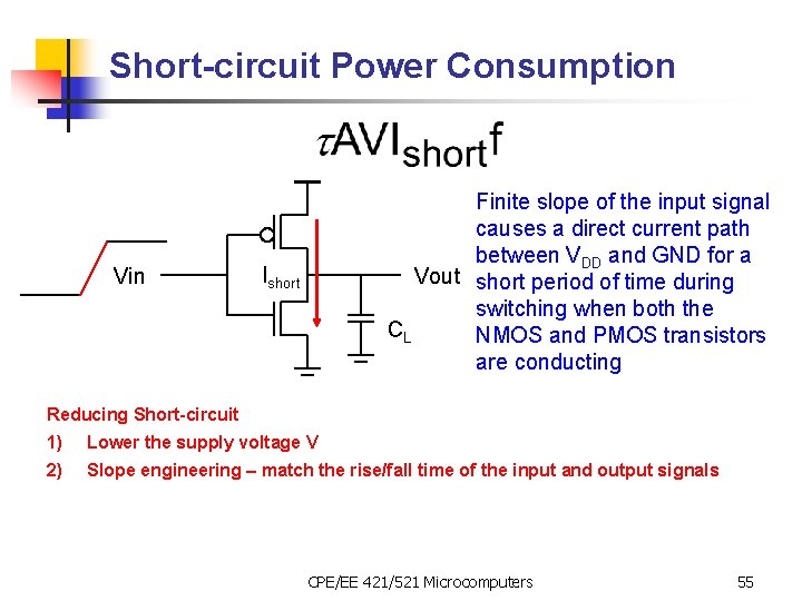 Short-circuit Power Consumption Vin Finite slope of the input signal causes a direct current