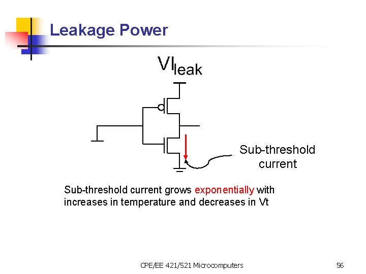 Leakage Power Sub-threshold current grows exponentially with increases in temperature and decreases in Vt