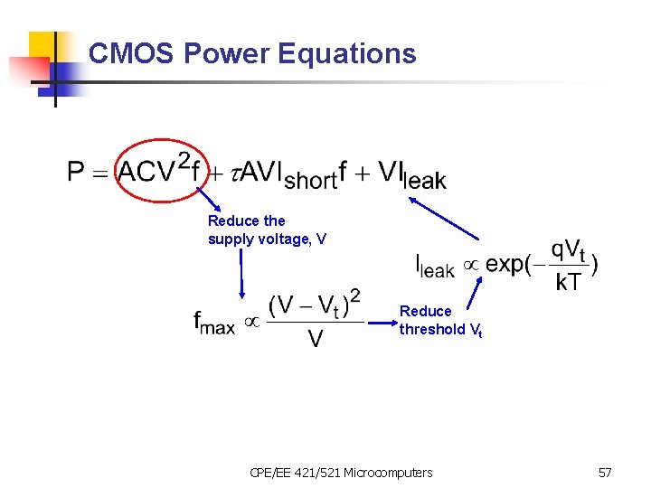 CMOS Power Equations Reduce the supply voltage, V Reduce threshold Vt CPE/EE 421/521 Microcomputers