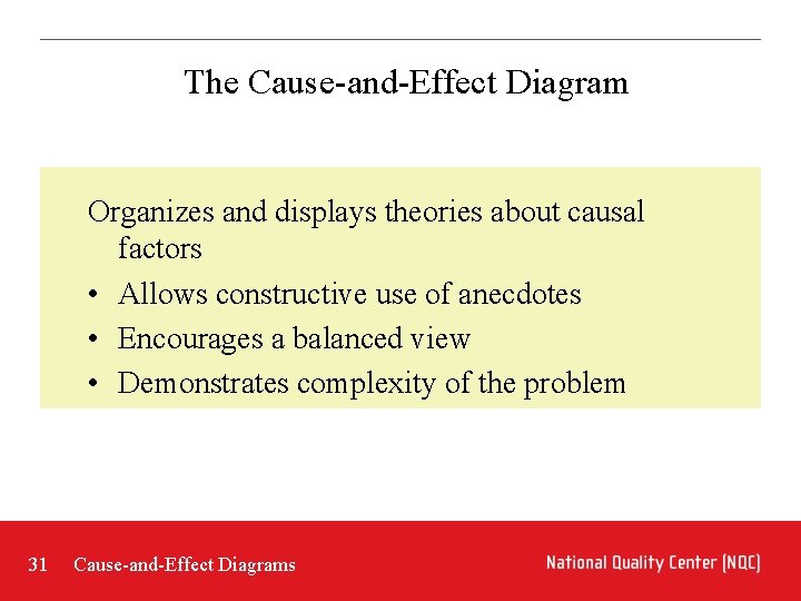 The Cause-and-Effect Diagram Organizes and displays theories about causal factors • Allows constructive use The Cause-and-Effect Diagram Organizes and displays theories about causal factors • Allows constructive use