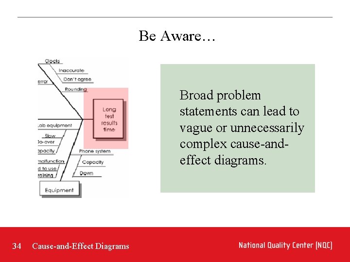 Be Aware… Broad problem statements can lead to vague or unnecessarily complex cause-andeffect diagrams. Be Aware… Broad problem statements can lead to vague or unnecessarily complex cause-andeffect diagrams.