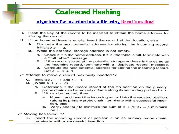 Coalesced Hashing Algorithm for insertion into a file using Brent’s method 18 