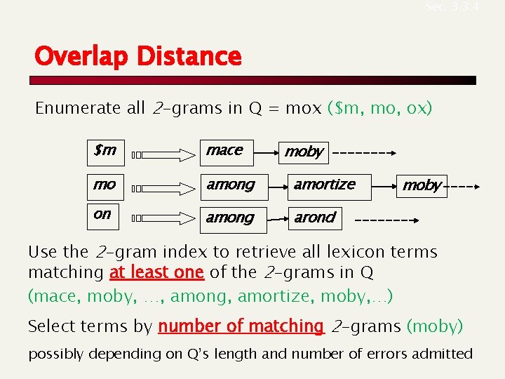 Sec. 3. 3. 4 Overlap Distance Enumerate all 2 -grams in Q = mox Sec. 3. 3. 4 Overlap Distance Enumerate all 2 -grams in Q = mox