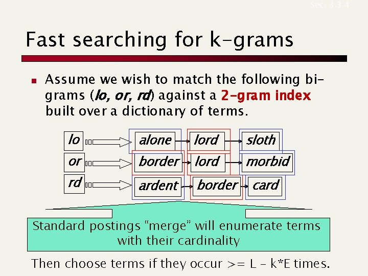 Sec. 3. 3. 4 Fast searching for k-grams n Assume we wish to match Sec. 3. 3. 4 Fast searching for k-grams n Assume we wish to match