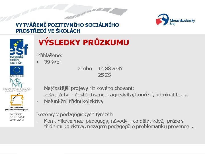 VYTVÁŘENÍ POZITIVNÍHO SOCIÁLNÍHO PROSTŘEDÍ VE ŠKOLÁCH VÝSLEDKY PRŮZKUMU Přihlášeno: • 39 škol z toho VYTVÁŘENÍ POZITIVNÍHO SOCIÁLNÍHO PROSTŘEDÍ VE ŠKOLÁCH VÝSLEDKY PRŮZKUMU Přihlášeno: • 39 škol z toho