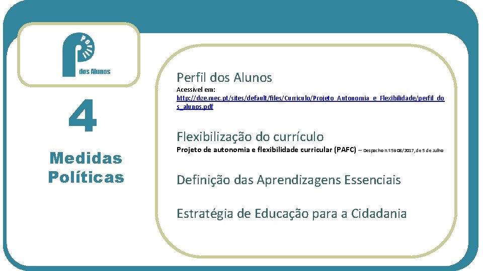 4 Medidas Políticas Perfil dos Alunos Acessível em: http: //dge. mec. pt/sites/default/files/Curriculo/Projeto_Autonomia_e_Flexibilidade/perfil_do s_alunos. pdf