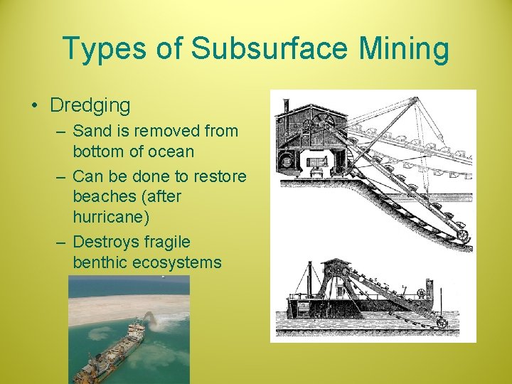 Types of Subsurface Mining • Dredging – Sand is removed from bottom of ocean