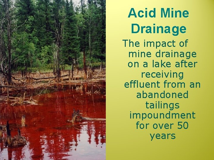 Acid Mine Drainage The impact of mine drainage on a lake after receiving effluent