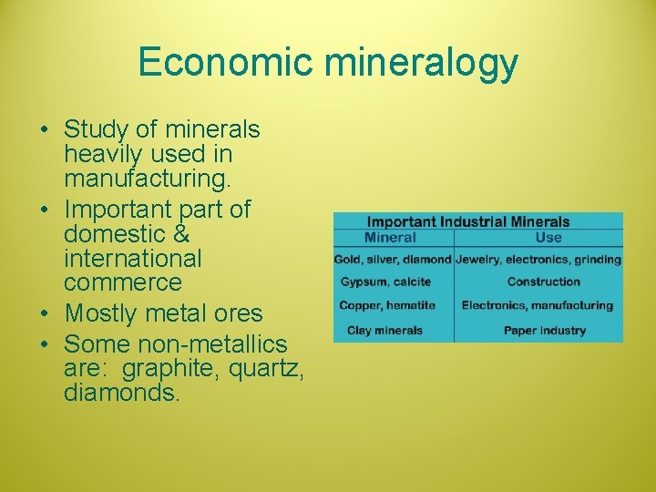 Economic mineralogy • Study of minerals heavily used in manufacturing. • Important part of