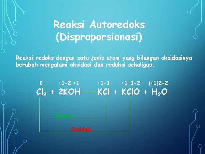 Reaksi Autoredoks (Disproporsionasi) Reaksi redoks dengan satu jenis atom yang bilangan oksidasinya berubah mengalami