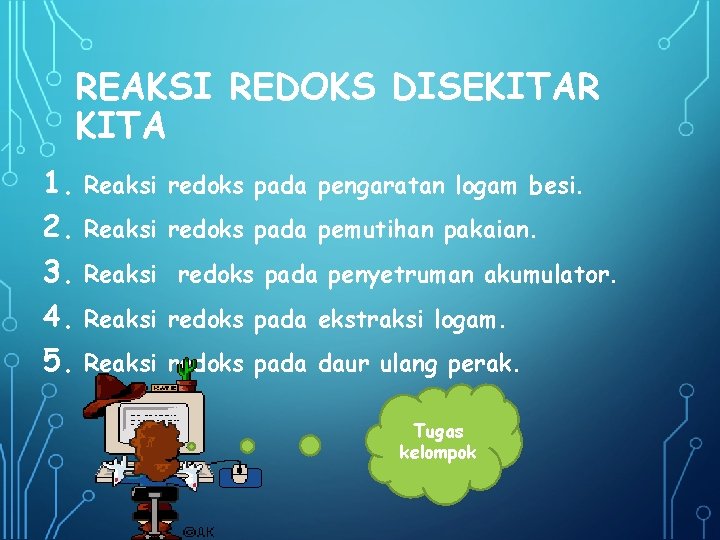 REAKSI REDOKS DISEKITAR KITA 1. Reaksi 2. Reaksi 3. Reaksi 4. Reaksi 5. Reaksi