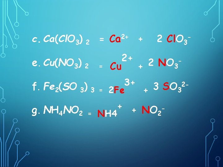 c. Ca(Cl. O 3) 2 = Ca 2+ + e. Cu(NO 3) 2 =