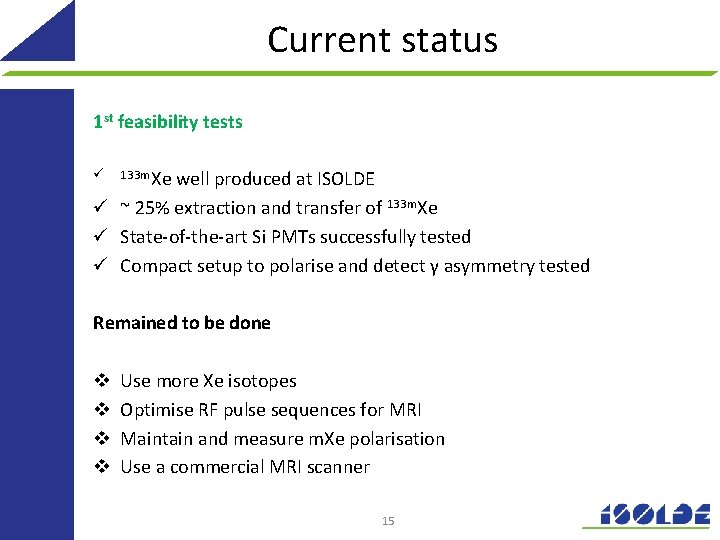 Current status 1 st feasibility tests well produced at ISOLDE ü ~ 25% extraction Current status 1 st feasibility tests well produced at ISOLDE ü ~ 25% extraction