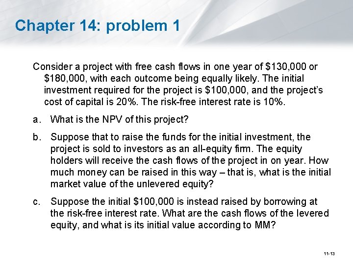 Chapter 14: problem 1 Consider a project with free cash flows in one year
