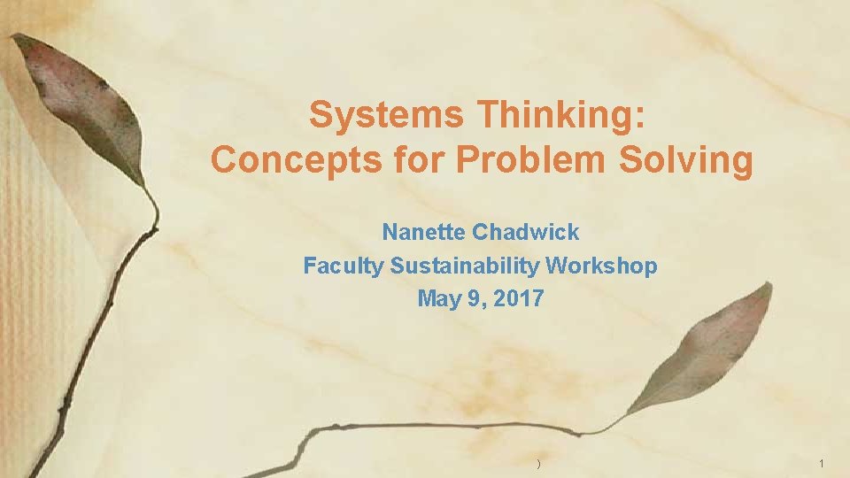 Systems Thinking: Concepts for Problem Solving Nanette Chadwick Faculty Sustainability Workshop May 9, 2017