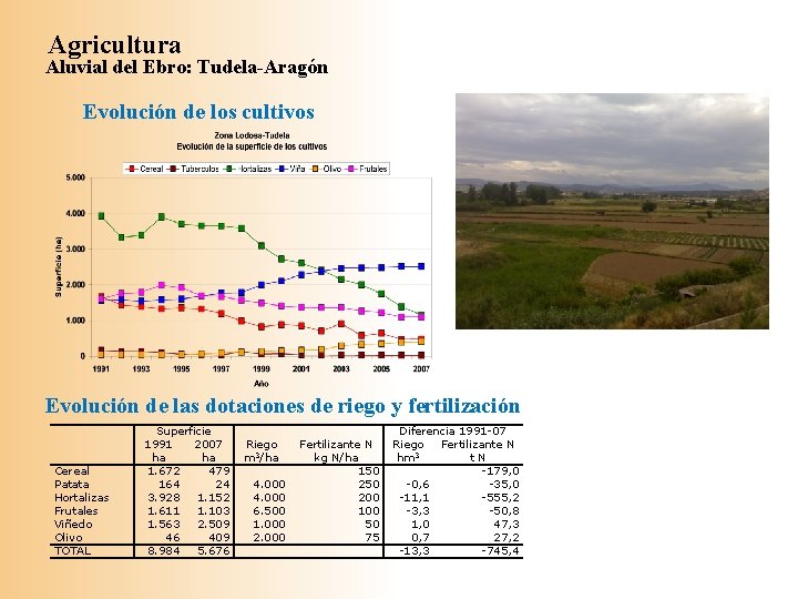 Agricultura Aluvial del Ebro: Tudela-Aragón Evolución de los cultivos Evolución de las dotaciones de