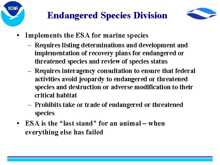 Endangered Species Division • Implements the ESA for marine species – Requires listing determinations