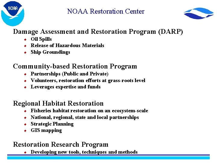 NOAA Restoration Center Damage Assessment and Restoration Program (DARP) u u u Oil Spills