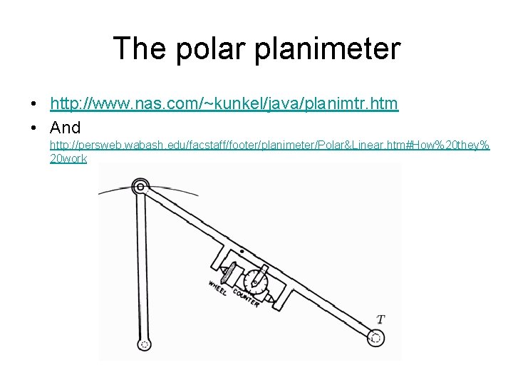 The polar planimeter • http: //www. nas. com/~kunkel/java/planimtr. htm • And http: //persweb. wabash.