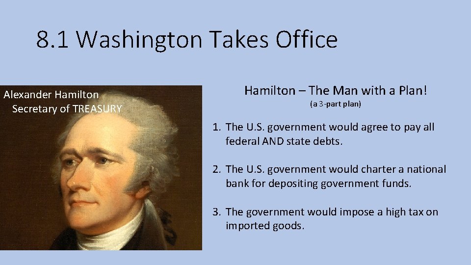 8. 1 Washington Takes Office Alexander Hamilton Secretary of TREASURY Hamilton – The Man