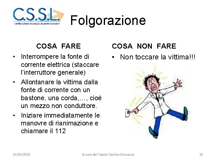 Folgorazione COSA FARE COSA NON FARE • Interrompere la fonte di corrente elettrica (staccare