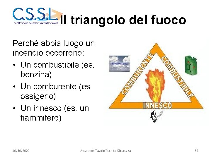 Il triangolo del fuoco Perché abbia luogo un incendio occorrono: • Un combustibile (es.