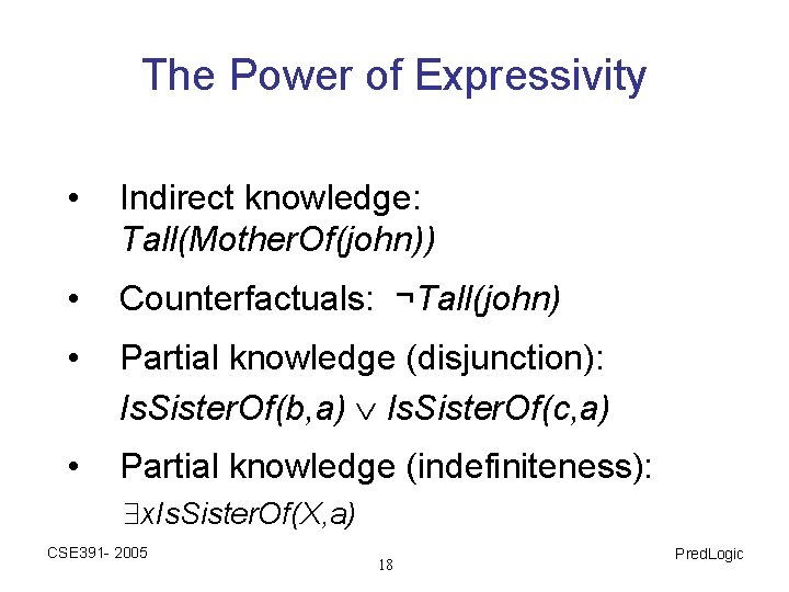 The Power of Expressivity • Indirect knowledge: Tall(Mother. Of(john)) • Counterfactuals: ¬Tall(john) • Partial The Power of Expressivity • Indirect knowledge: Tall(Mother. Of(john)) • Counterfactuals: ¬Tall(john) • Partial