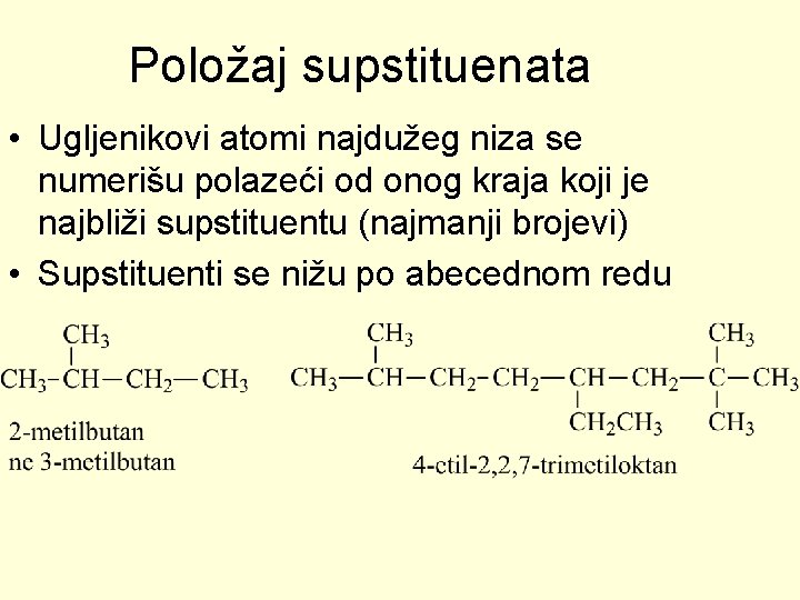 Položaj supstituenata • Ugljenikovi atomi najdužeg niza se numerišu polazeći od onog kraja koji