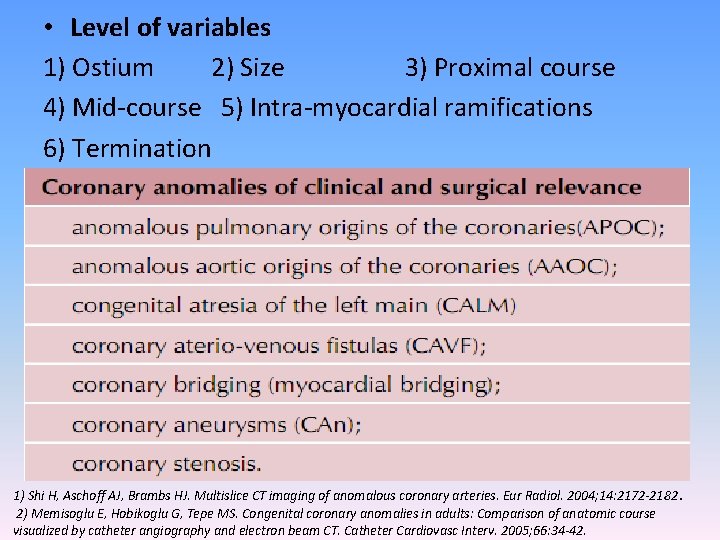  • Level of variables 1) Ostium 2) Size 3) Proximal course 4) Mid-course