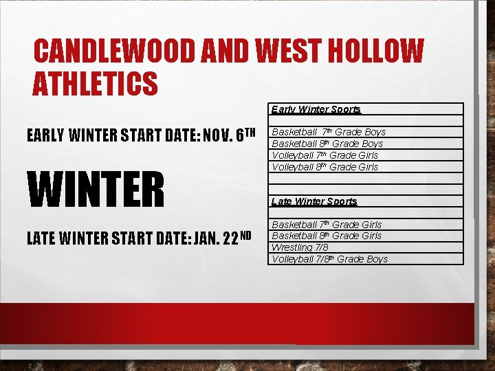 CANDLEWOOD AND WEST HOLLOW ATHLETICS EARLY WINTER START DATE: NOV. 6 TH WINTER LATE