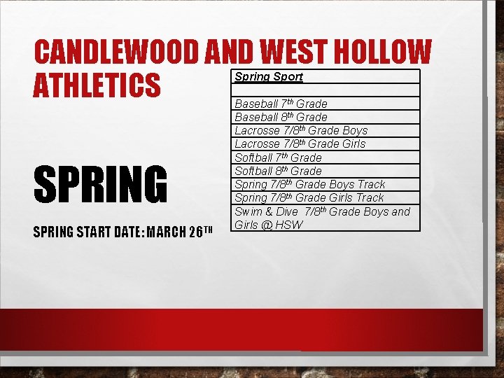 CANDLEWOOD AND WEST HOLLOW ATHLETICS SPRING START DATE: MARCH 26 TH Spring Sport Baseball