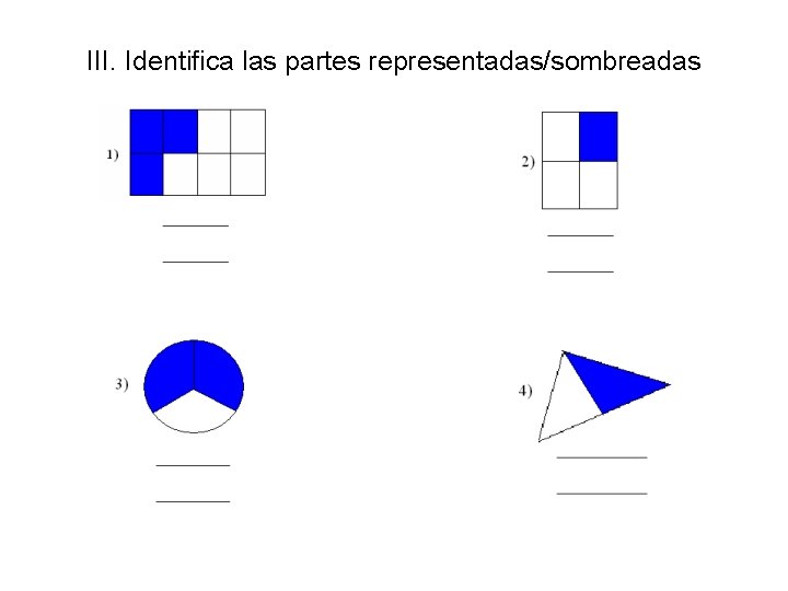 III. Identifica las partes representadas/sombreadas 