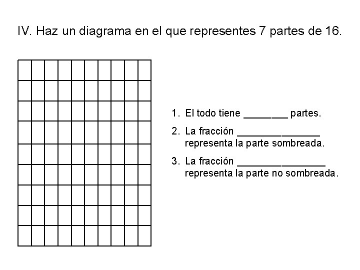 IV. Haz un diagrama en el que representes 7 partes de 16. 1. El