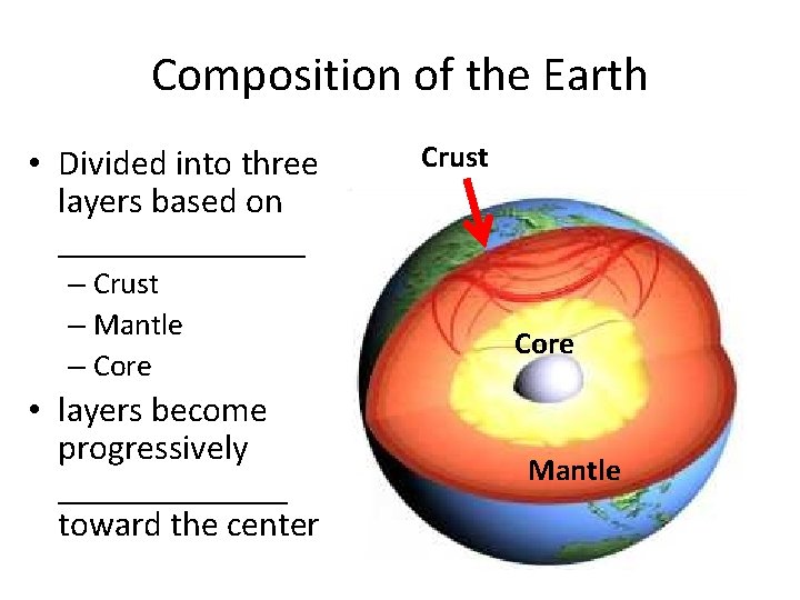 Composition of the Earth • Divided into three layers based on _______ – Crust