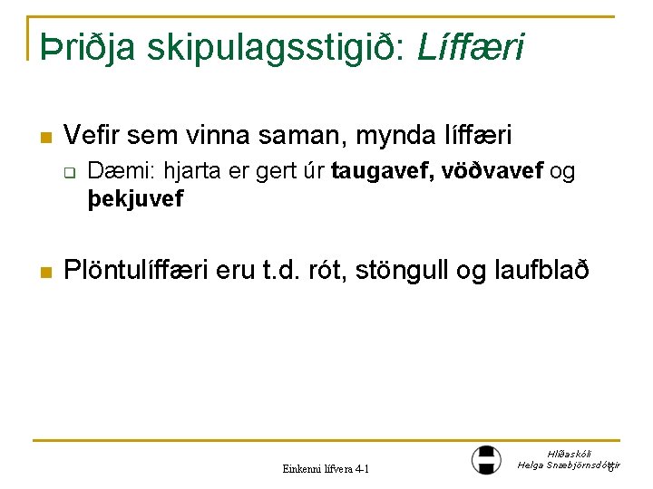 Þriðja skipulagsstigið: Líffæri n Vefir sem vinna saman, mynda líffæri q n Dæmi: hjarta