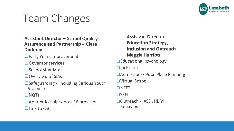 Team Changes Assistant Director – School Quality Assurance and Partnership - Clare Dudman q.