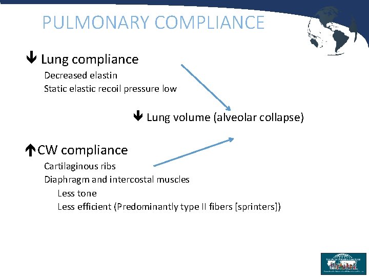 PULMONARY COMPLIANCE Lung compliance Decreased elastin Static elastic recoil pressure low Lung volume (alveolar