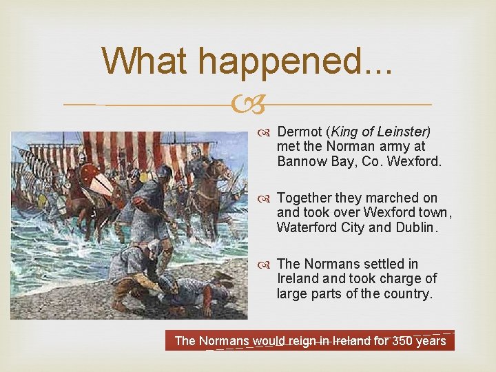 What happened. . . Dermot (King of Leinster) met the Norman army at Bannow What happened. . . Dermot (King of Leinster) met the Norman army at Bannow